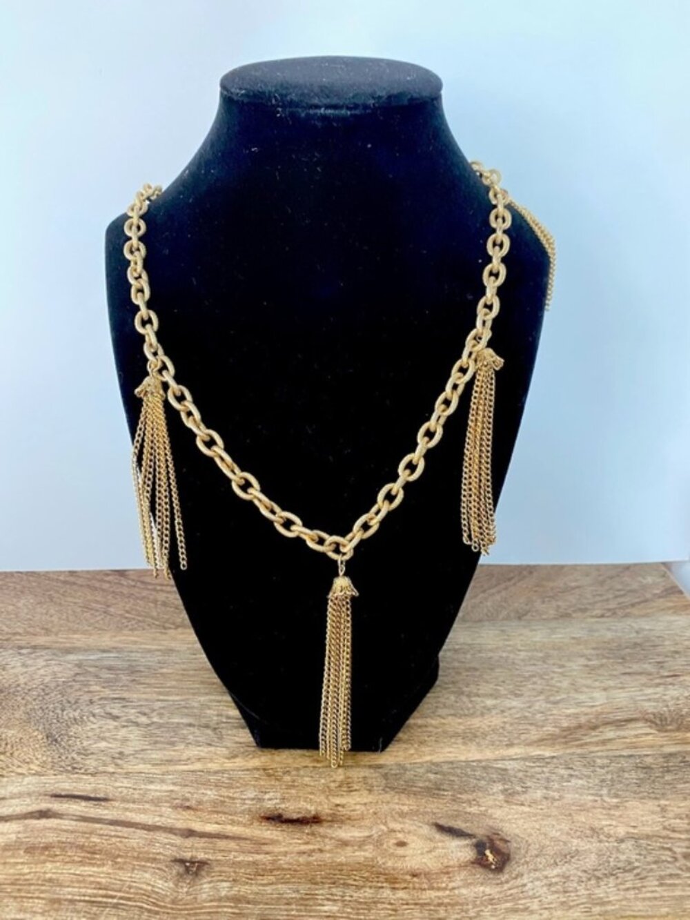Gold Tone Multi Tassel Draped Chain Statement Necklace